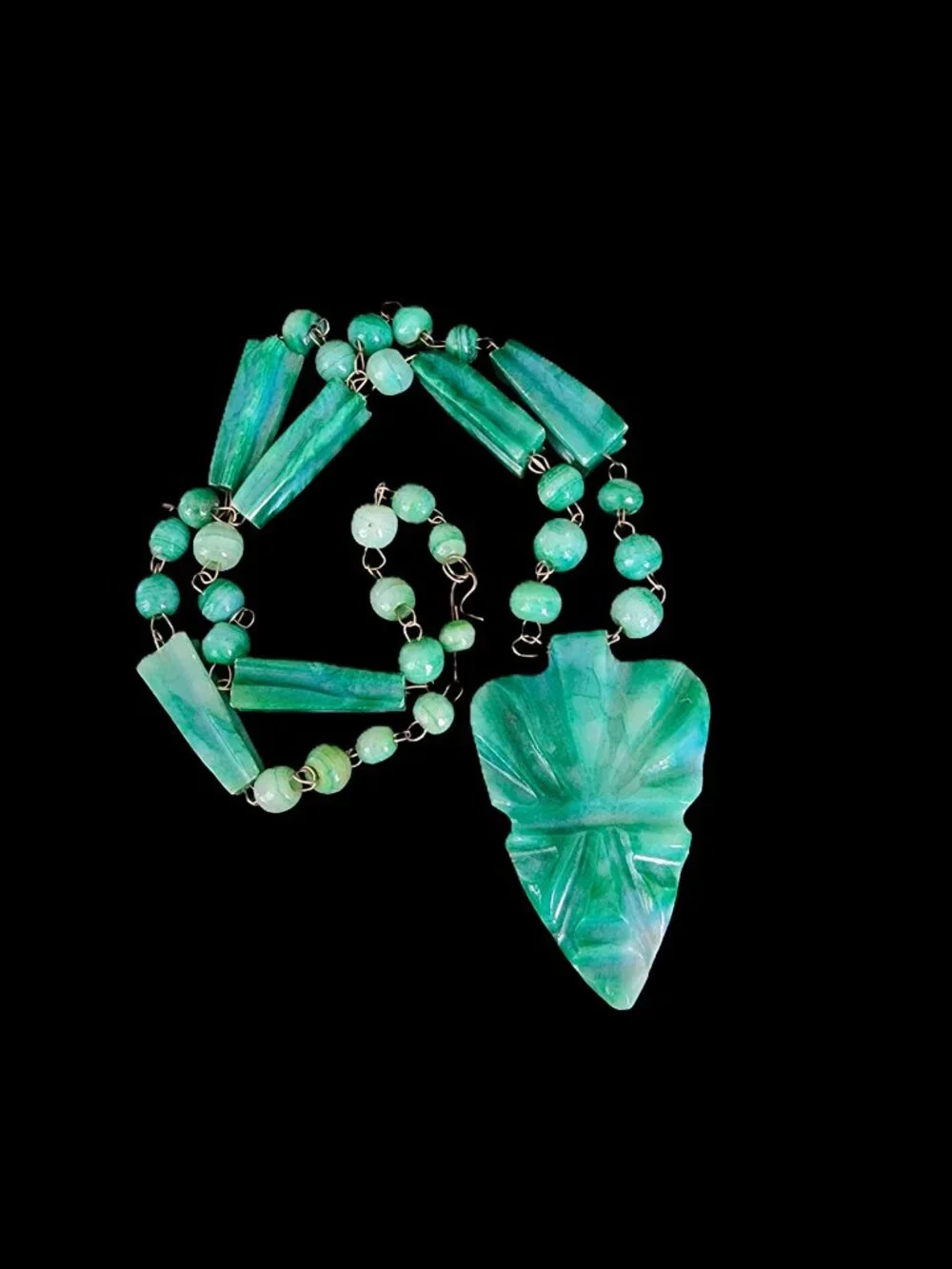 VTG 1950s Mid Century Mexican Green Onyx Aztec Warrior Mask Necklace 24”
